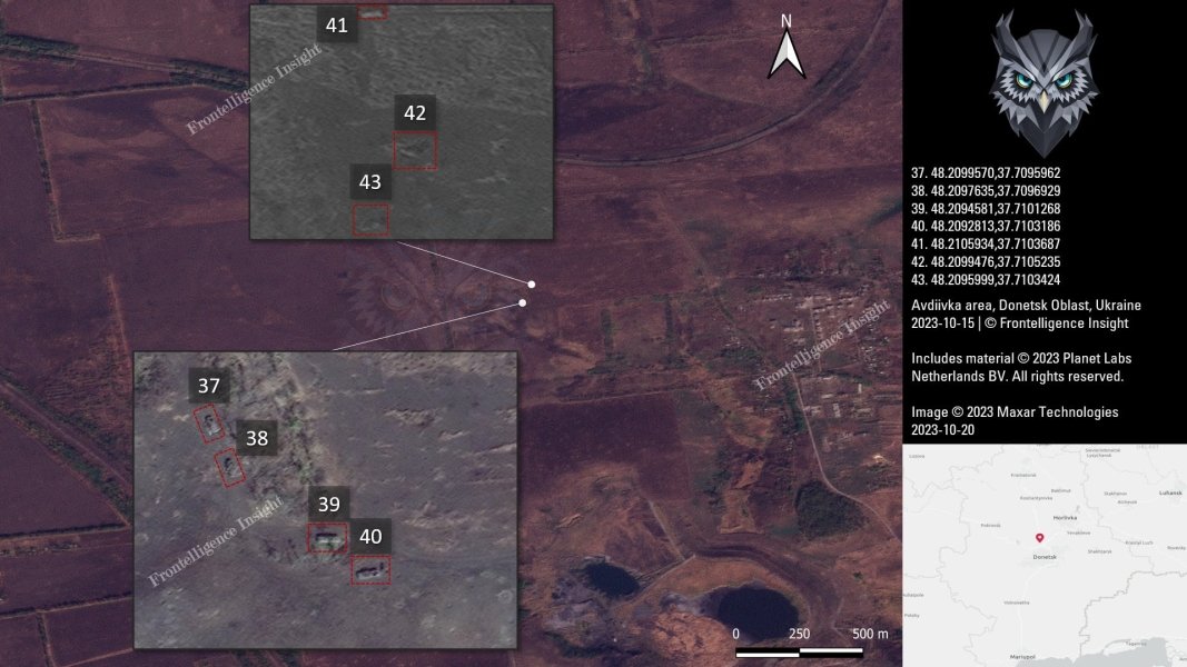 Втрати ЗС РФ під Авдіївкою, білим квадратом позначено техніку, яка вже була знищена раніше