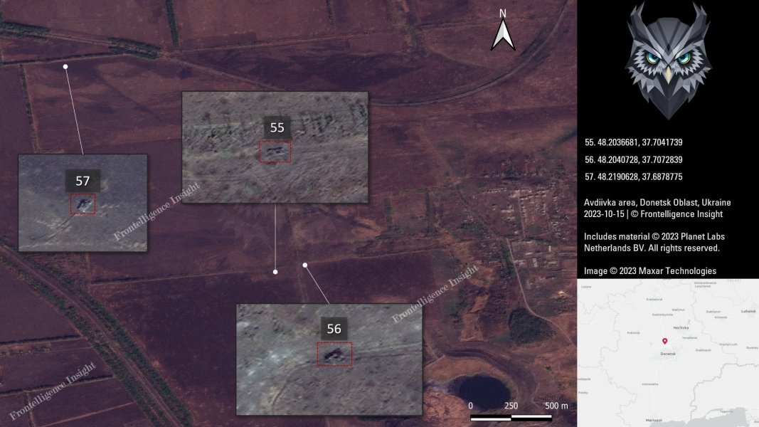 Втрати ЗС РФ під Авдіївкою, білим квадратом позначено техніку, яка вже була знищена раніше