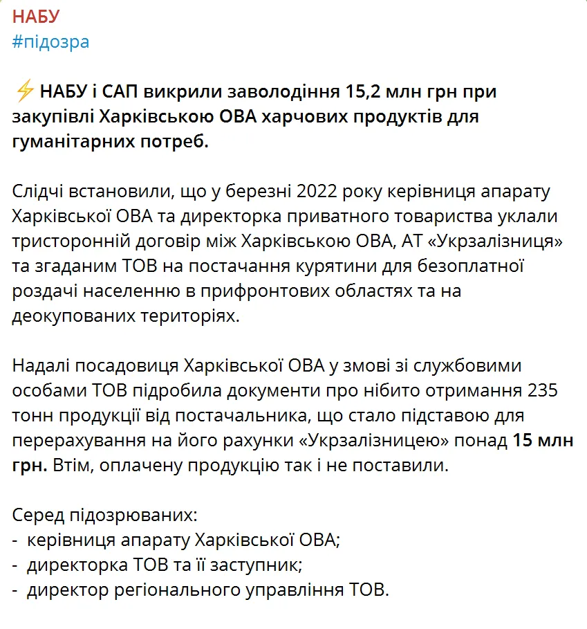 Чиновників Харківської ОВА викрили на дерибані 15,2 млн грн при закупівлі гуманітарки. Фото  dqxikeidqxidqrant