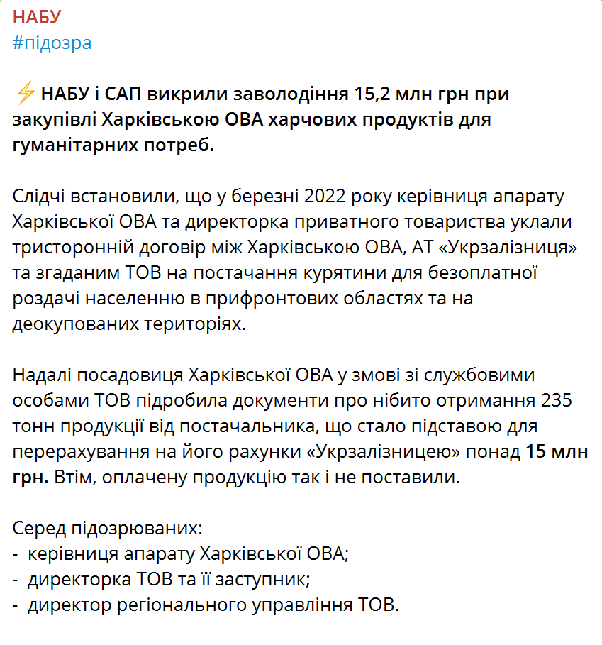 Officials of the Kharkov OVA were exposed for defrauding 15.2 million UAH during the purchase of humanitarian aid. Photo eiqrkikuihrant