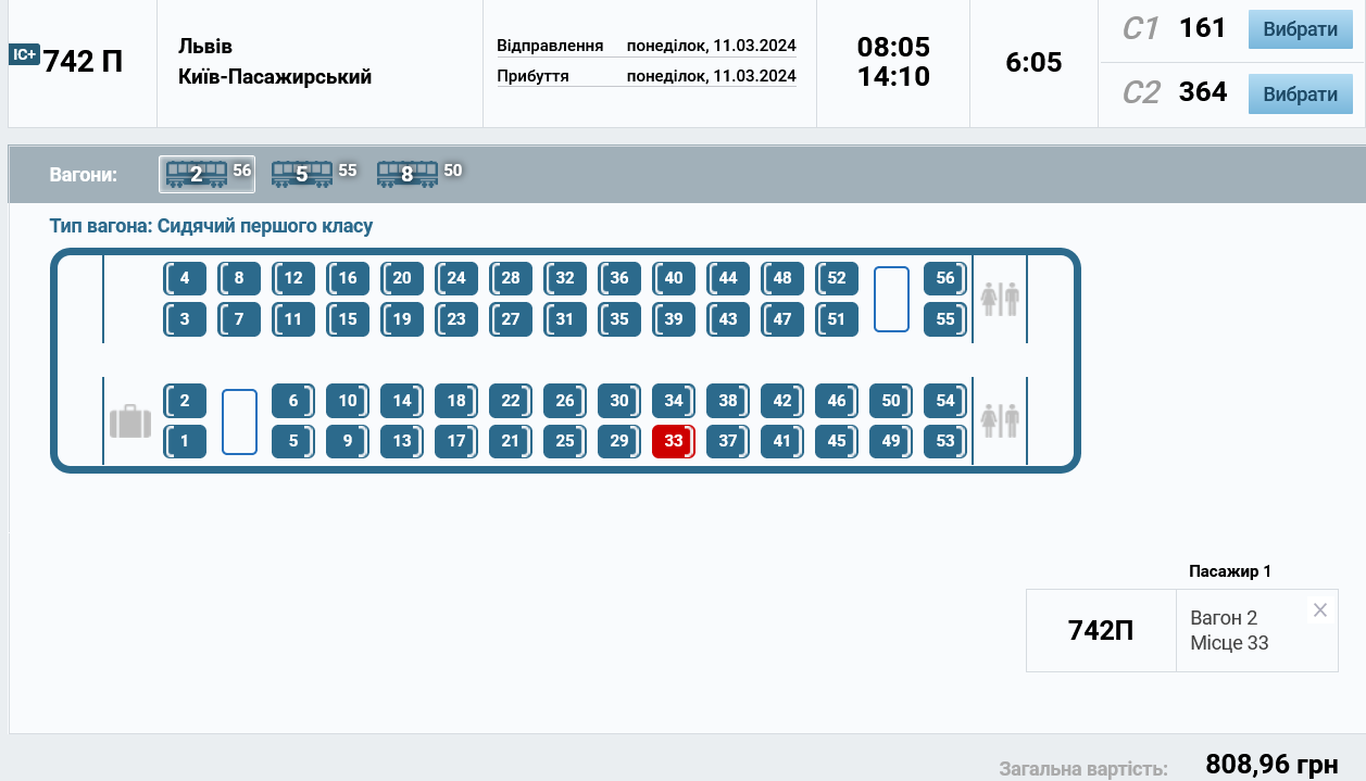 Ціна на квитки поїзда зі Львова до Києва у вагоні 1 класу