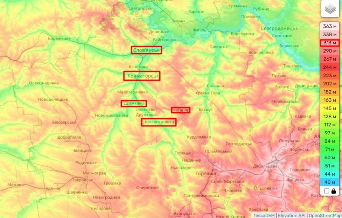 Бои на Донбассе, Часов Яр, карта реэльефа dqxikeidqxidqrant