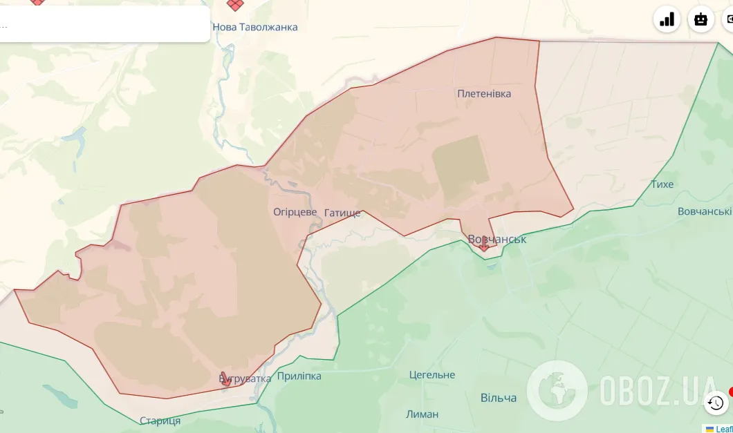 Карта фронту в районі Вовчанська
