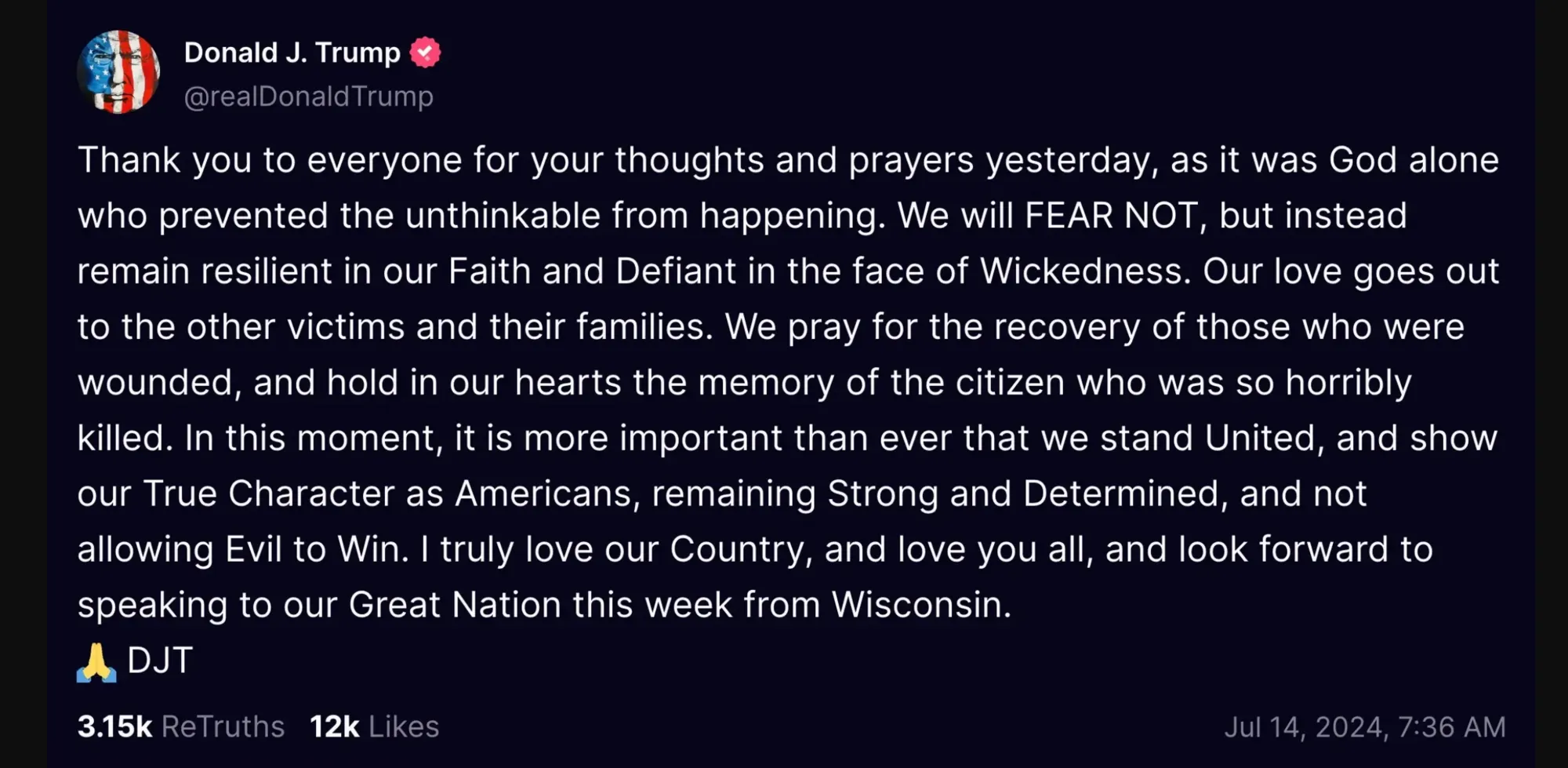 Трамп після замаху: ми не будемо боятися і залишатимемося непохитними перед обличчям зла dqxikeidqxidqrant