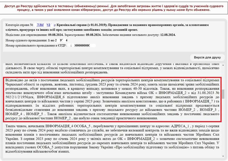 Некомплект военных в Черкасской области негативно отразился на формировании отдельных частей ВСУ, дискредитировал мобилизационный процесс», сказано в материалах дела dqxikeidqxidqrant
