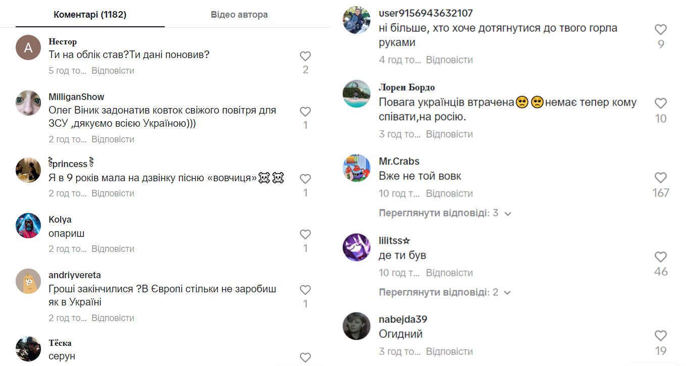 Коментарі під новим відео Олега Винника у TikTok dqxikeidqxidqrant