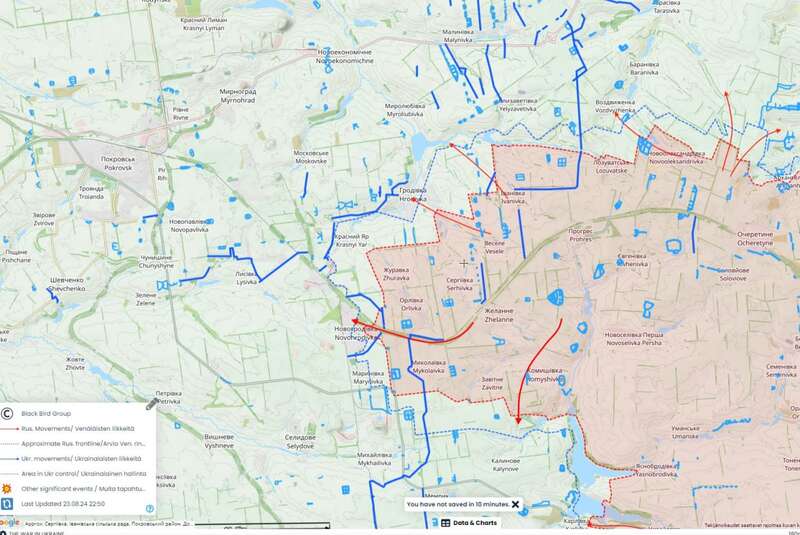 Синие линии – оборонные сооружения Сил обороны, красные линии – направления атак ВС РФ Сині лінії — оборонні споруди Сил оборони, червоні лінії — напрямки атак ЗС РФ