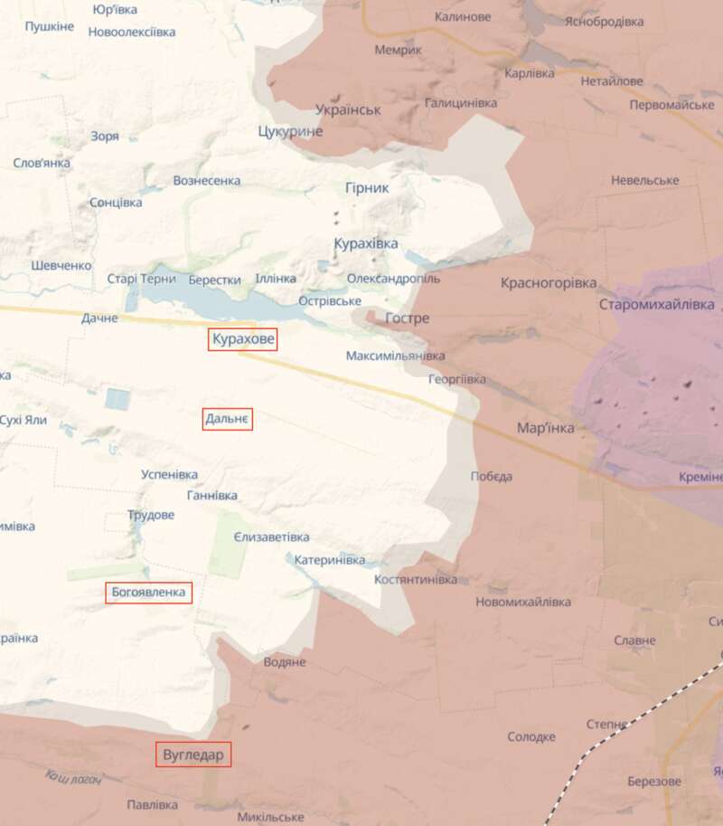 Ugledar, Bogoyavlenka, Dalnee, Kurakhovo, Donetsk region, map of military operations dqxikeidqxidqrant
