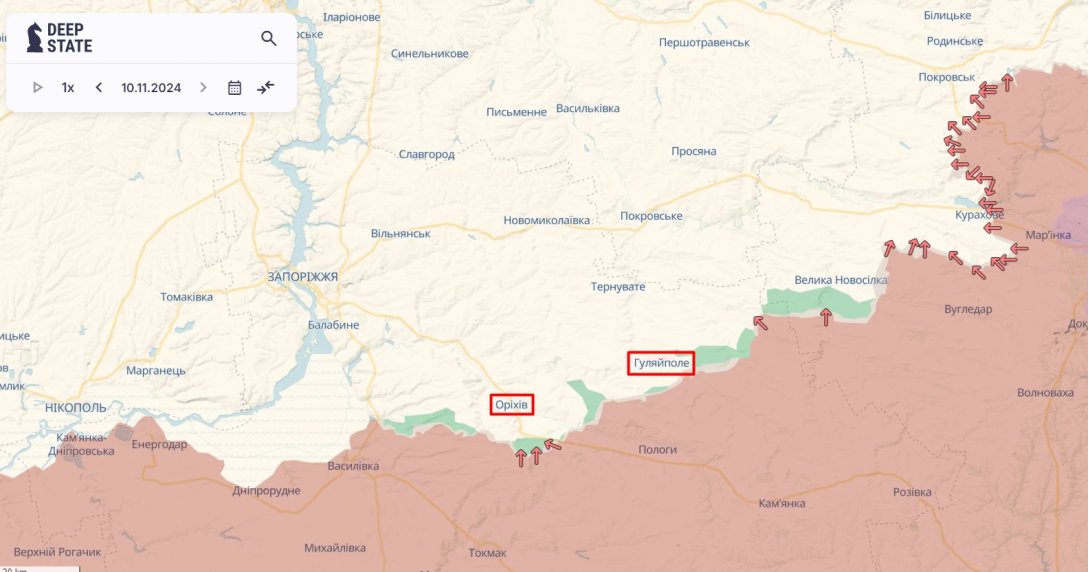Russian offensive on Zaporizhzhia, Zaporizhzhia direction, map, November 11, DeepState dqxikeidqxidqrant