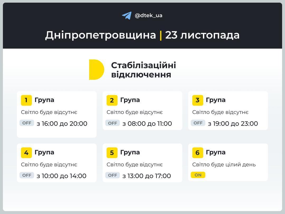Отключение света в Днепре 23 ноября