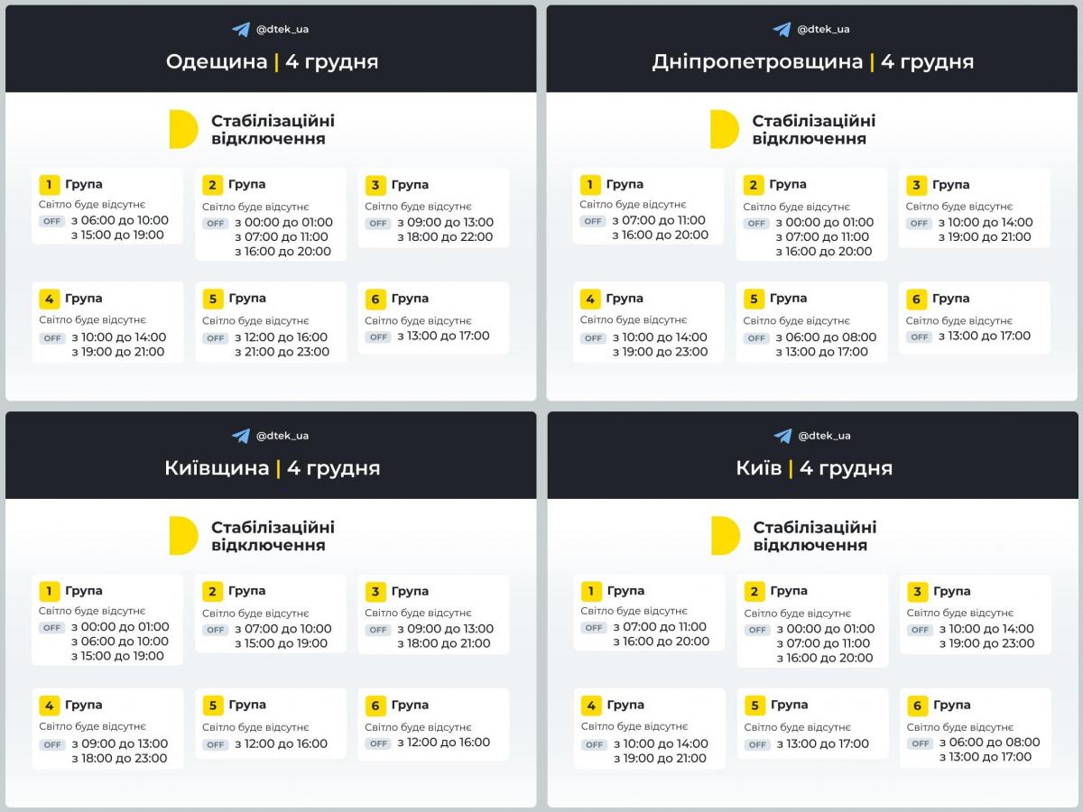 Графіки відключень для регіонів ДТЭК на 4 грудня / колаж УНІАН, фото TG@dtek_ua dqxikeidqxidqeant