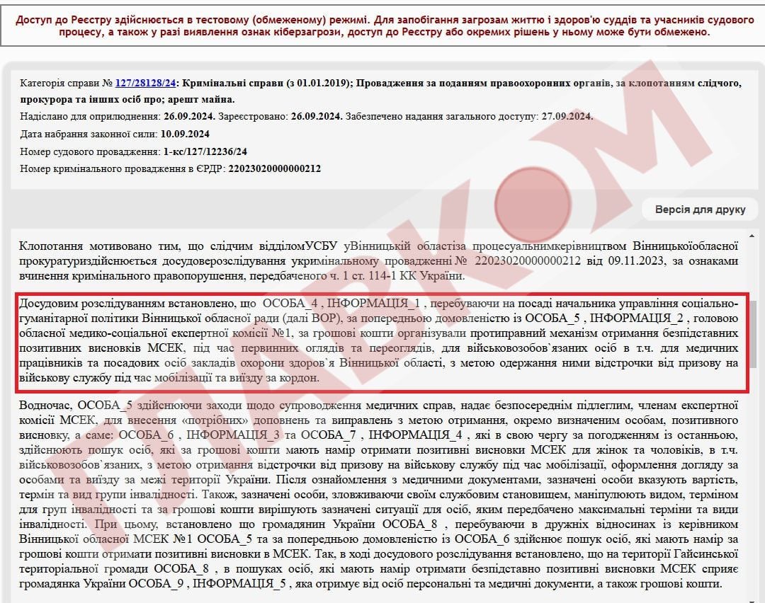 Слідство вважає, що МСЕК Вінниччини за гроші продавав групи інвалідності військовозобов’язаним
