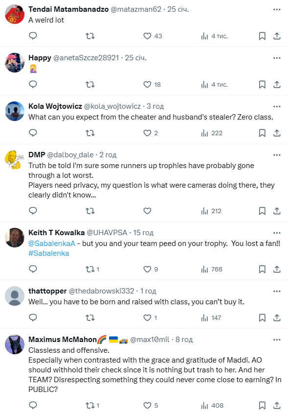 Улюблениця Лукашенка відзначилася неприємною витівкою після фіналу Australian Open-2025. Відео