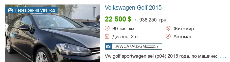 Ціни на вживані VOLKSWAGEN Golf Україна.