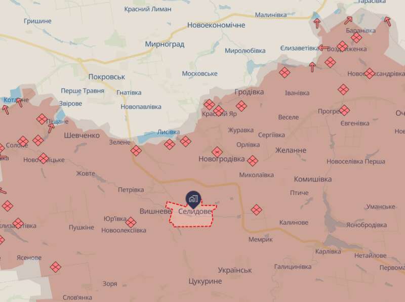Pokrovske direction, town of Selydove, Selydove occupied, Selydove under Russian Armed Forces, map, DeepState dqxikeidqxidqrant