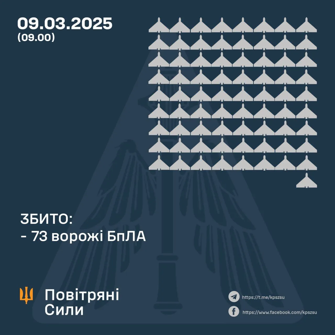 Захисники неба протягом ночі збили 73 російські дрони, через атаку постраждали шість областей dqxikeidqxidqrant