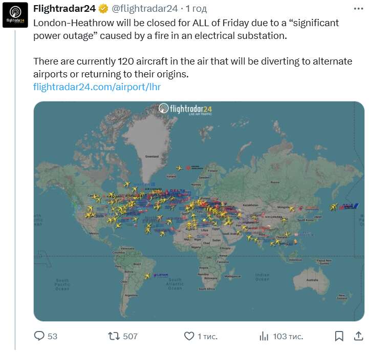Найбільший аеропорт Британії закрили через сильну пожежу на електропідстанції dqxikeidqxirzant
