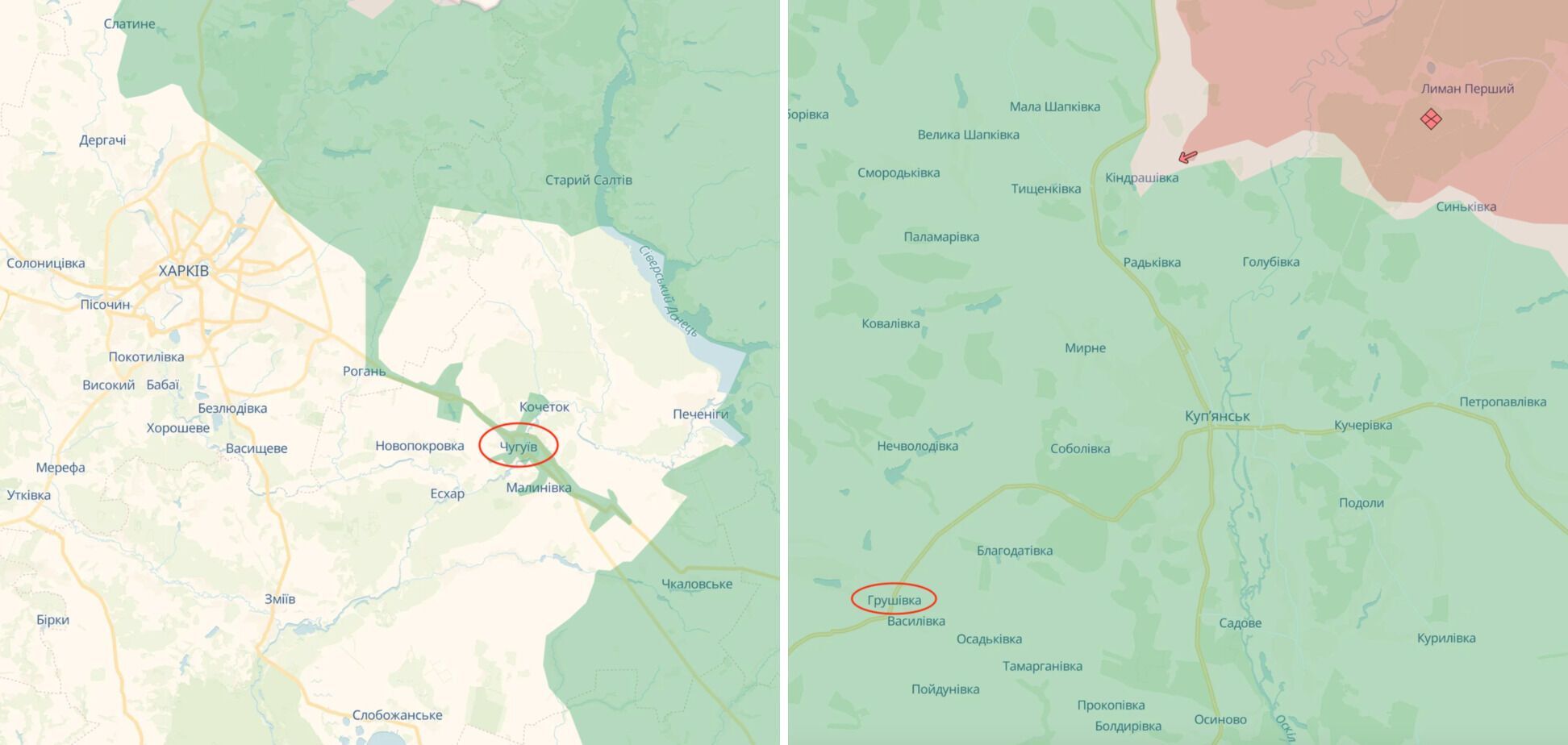 Chuhuyiv and the village of Hrushivka, Kupiansk district.