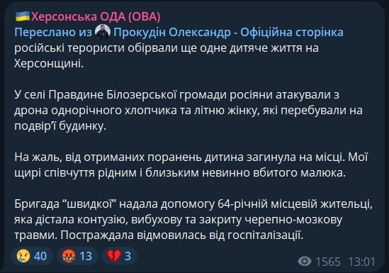 Атаковали дроном: оккупанты на Херсонщине убили годовалого мальчика. Фото