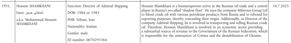 Запис про Шамхані в санкційному списку ЄС