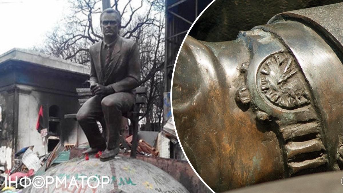 Пам’ятник щойно відчистили від гару зі спалених шин, а годинник на руці так і показує dqxikeidqxiuuant