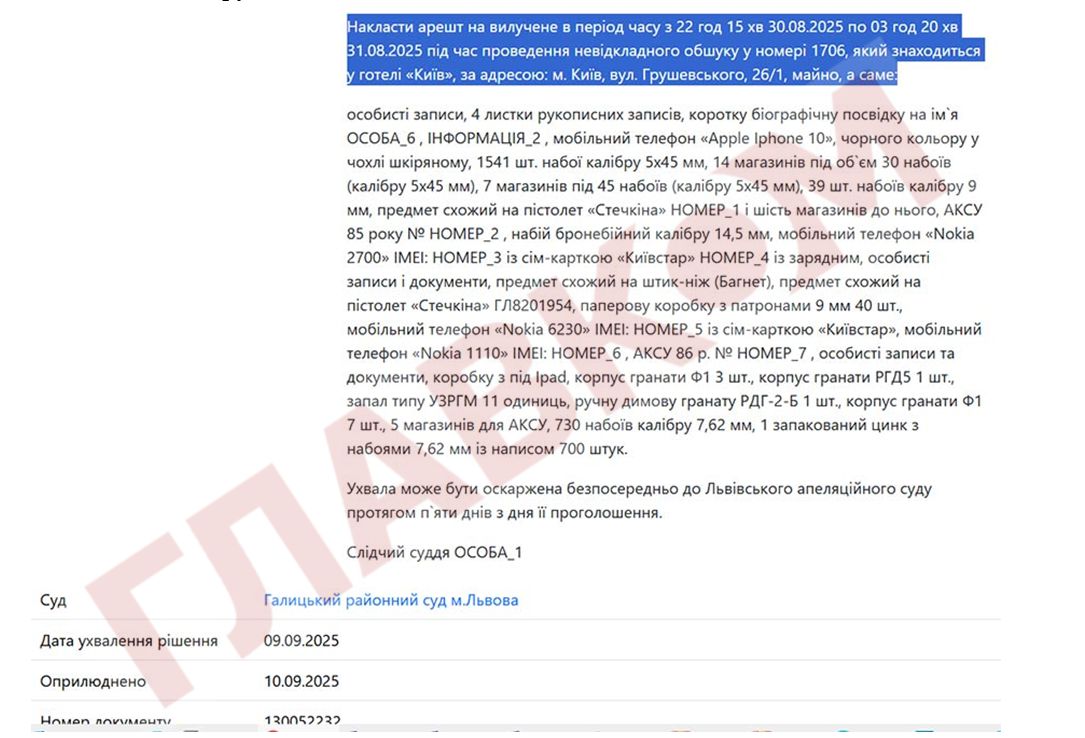 Львівський суд наклав арешт на речі та зброю з парламентського готельного номера 1706