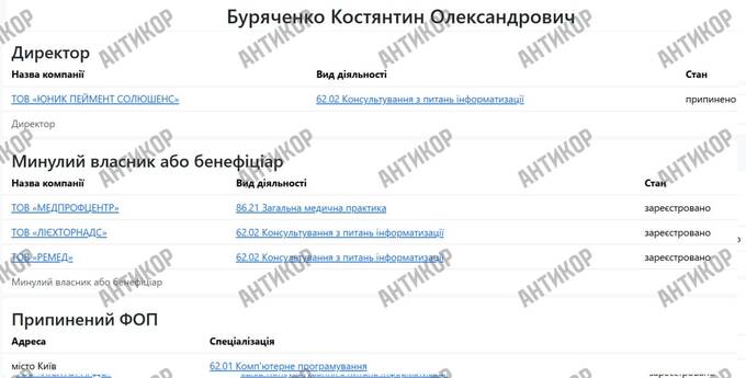 Константин Буряченко, Буряченко Константин Александрович, компании